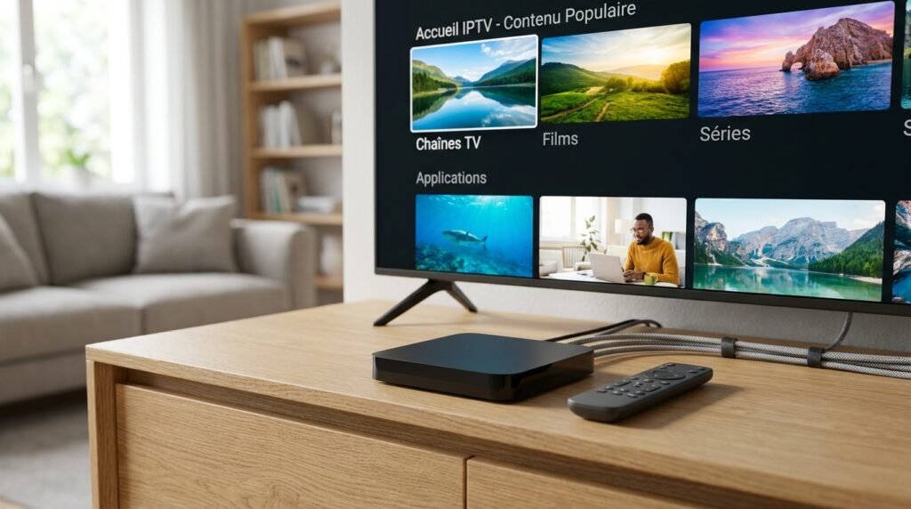 Boîtier IPTV et télévision affichant une interface moderne, critère technique d'un fournisseur IPTV fiable