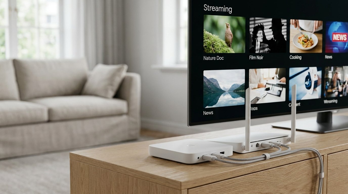 Box IPTV et routeur illustrant la stabilité d'une offre iptv fiable