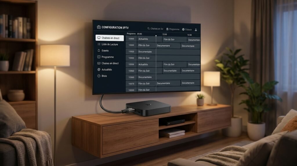 Configuration d'un lecteur IPTV Android sur boîtier Android TV avec guide des programmes affiché à l'écran
