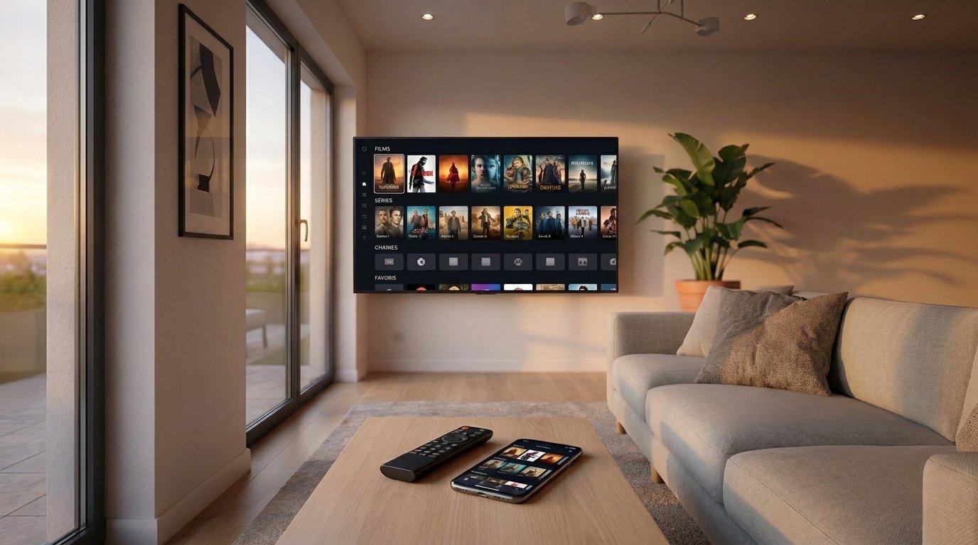 Salon moderne avec télévision affichant une interface de streaming, idéal pour illustrer un iptv test gratuit avant de choisir une offre