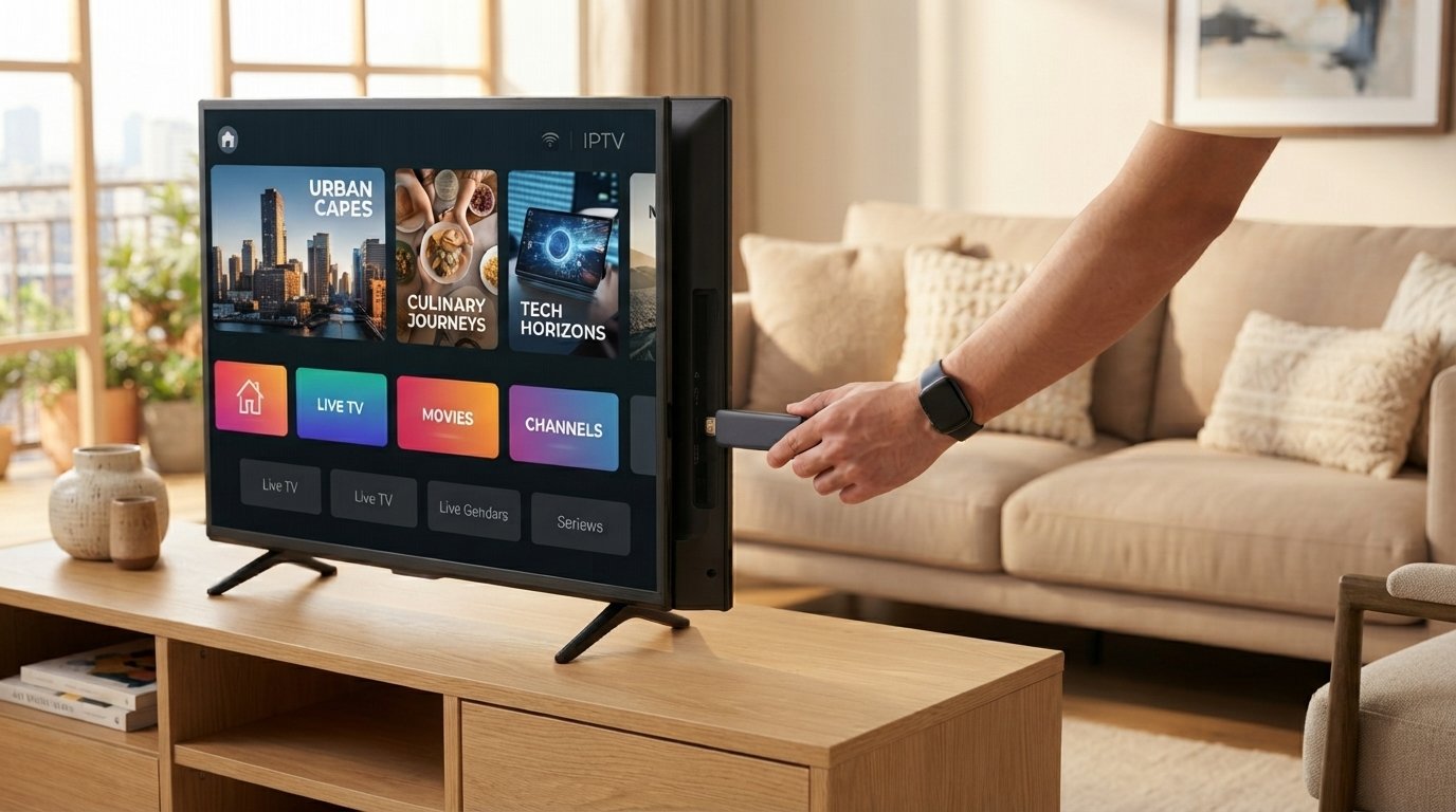 Installation d'un stick TV pour regarder l'IPTV sur un téléviseur moderne dans un salon lumineux