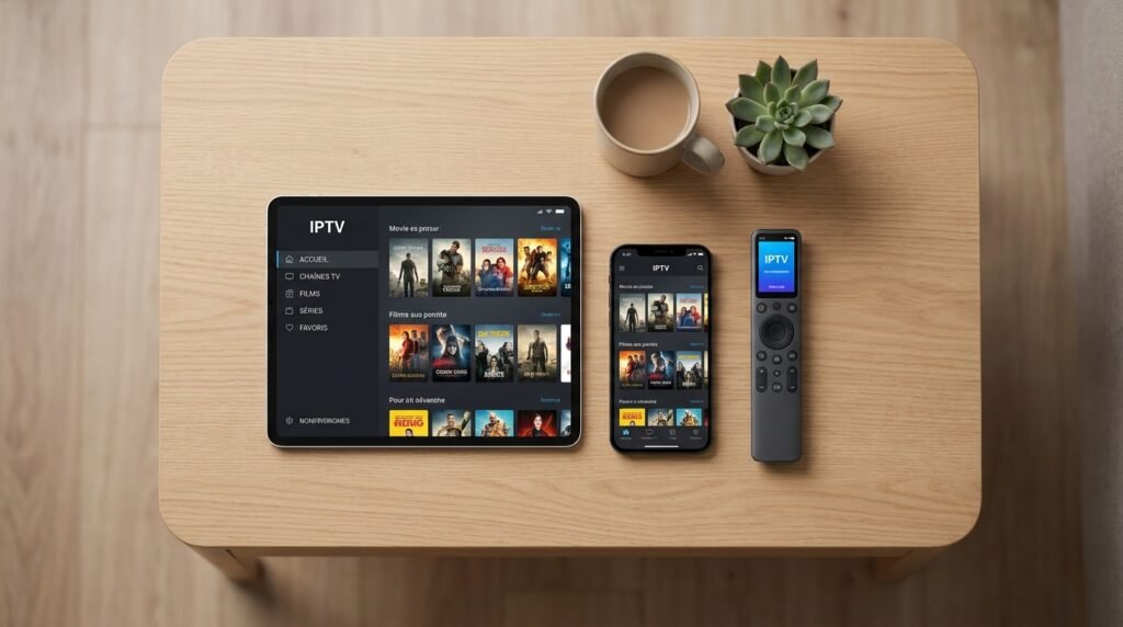 Plusieurs appareils compatibles : application IPTV Smart TV, application IPTV iPhone et tablette côte à côte