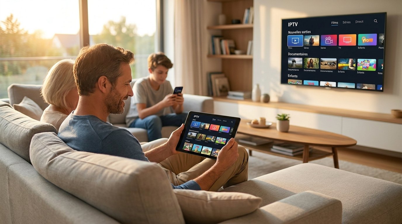 Famille profitant d'un partage abonnement IPTV sur plusieurs écrans simultanément dans un salon moderne