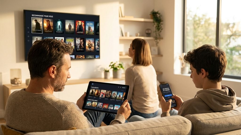 Famille utilisant simultanément plusieurs appareils avec un abonnement IPTV pas cher compatible multi-écrans