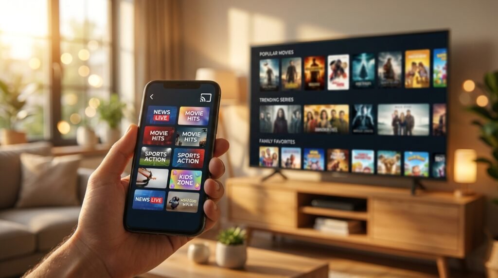 Personne qui lance le cast pour installer IPTV Chromecast depuis son smartphone vers la télévision