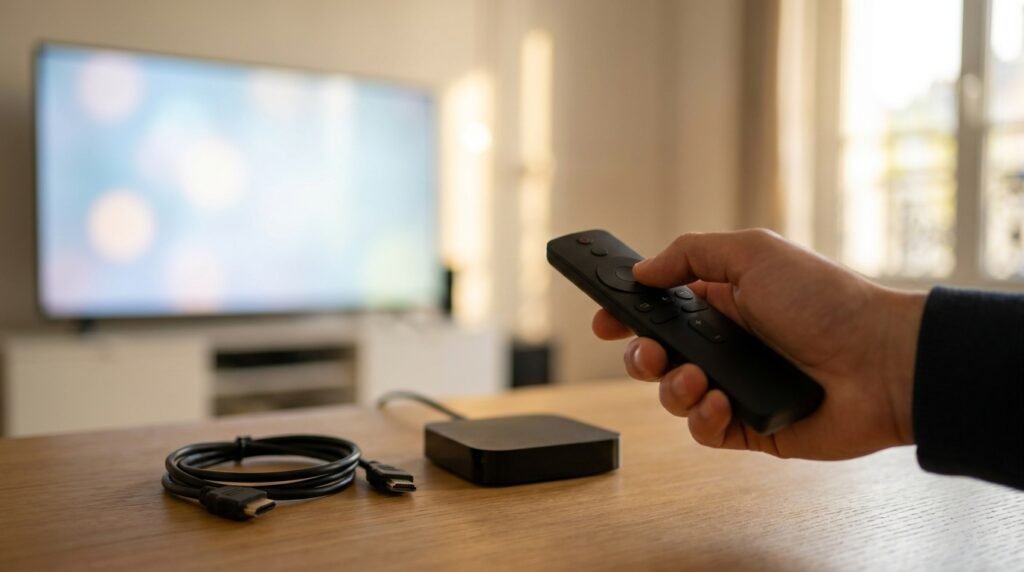 Boîtier chromecast avec Google TV branché sur une télévision avec sa télécommande