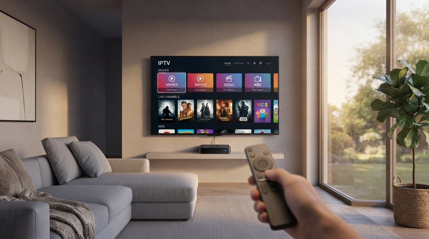 Salon moderne avec une télévision affichant une interface IPTV grâce à un décodeur iptv avec code correctement configuré