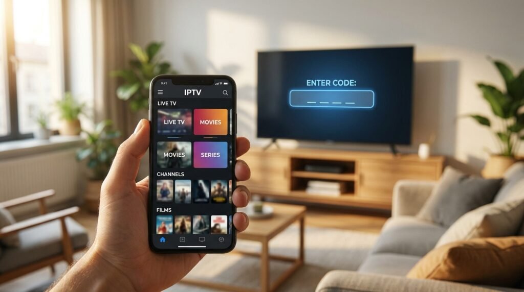 Smartphone utilisé pour saisir un code IPTV sans erreur sur une télévision moderne