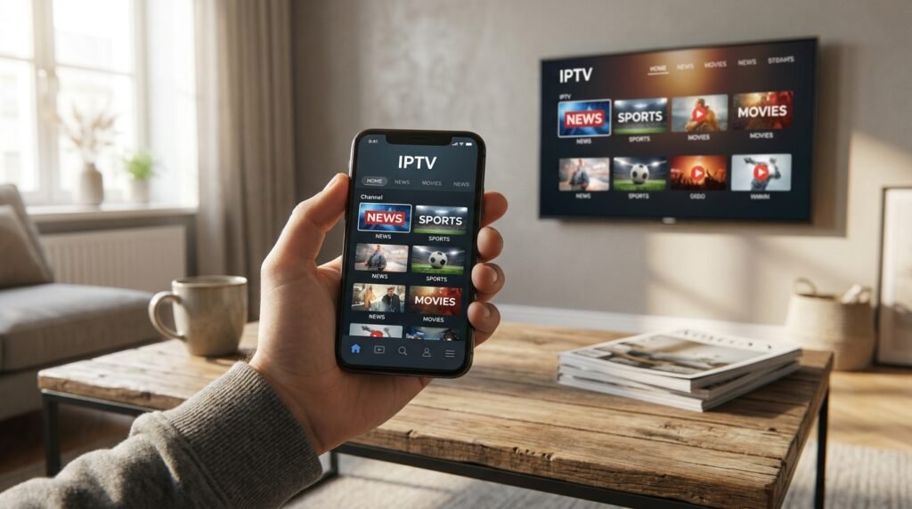 Smartphone diffusant l'IPTV vers une Chromecast TV dans un salon