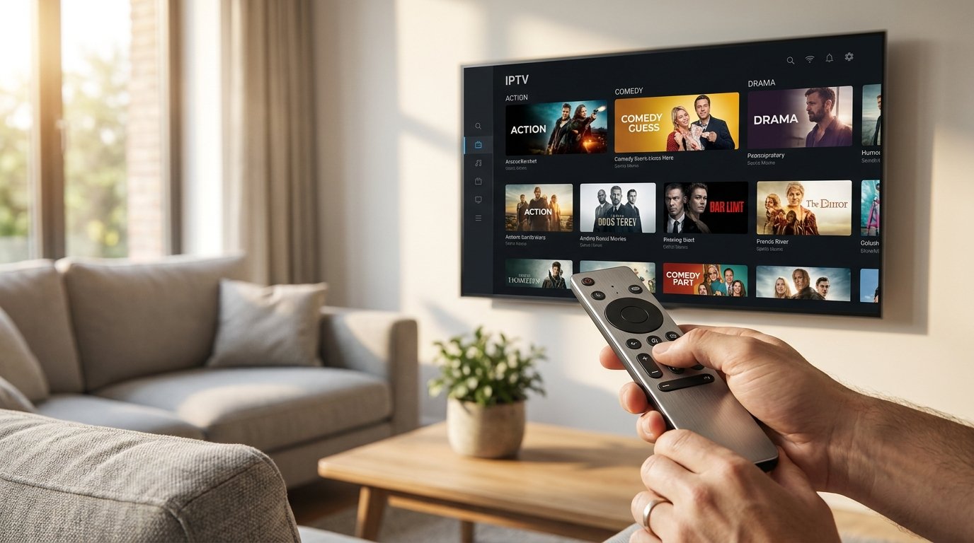 Utilisateur choisissant le meilleur appli iptv android sur télécommande Android TV face à un écran affichant une interface de streaming moderne