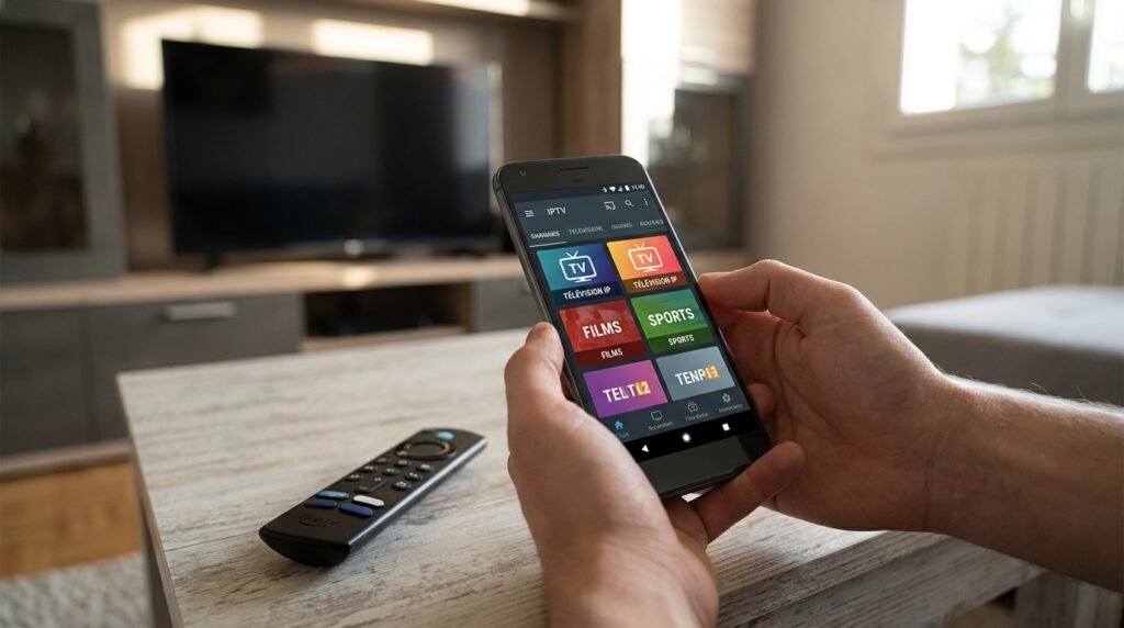 Comparaison visuelle entre application IPTV Android et application IPTV Fire Stick sur smartphone et télécommande