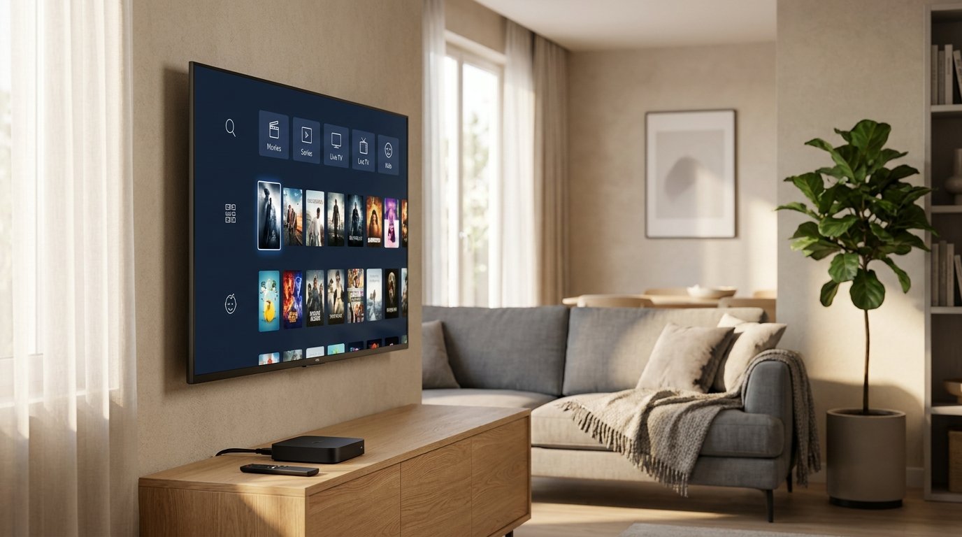 Boîtier smart tv connecté à un téléviseur moderne affichant une interface IPTV dans un salon lumineux
