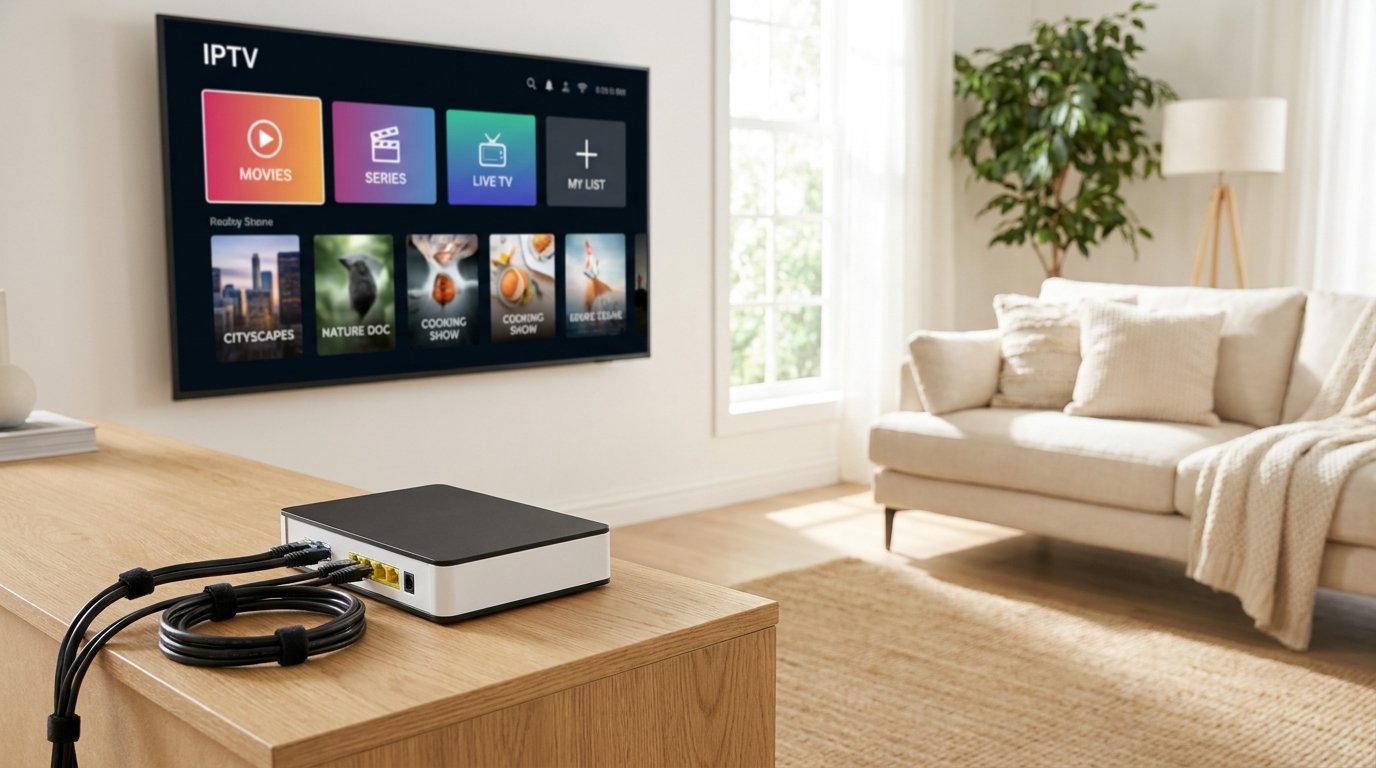 Livebox 4 connectée à une télévision affichant une interface IPTV