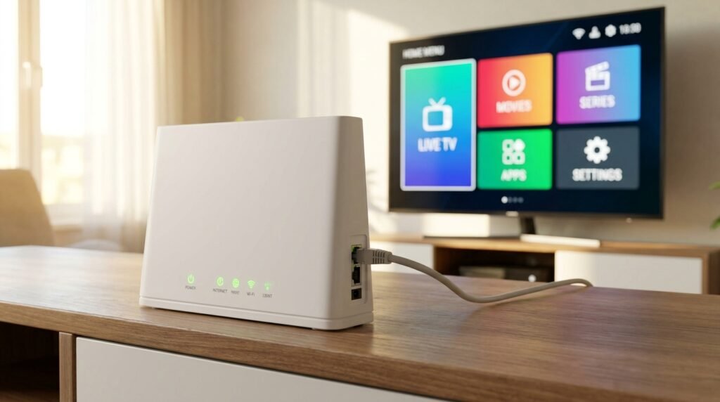 Box Orange générique reliée à une télévision avec application IPTV