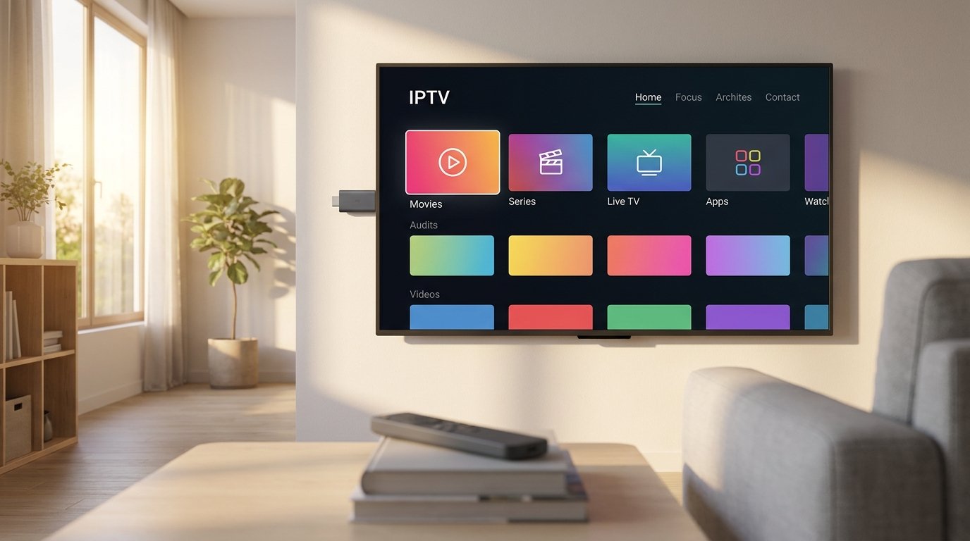 Interface de streaming IPTV affichée sur une télévision moderne grâce au chromecast tv dans un salon lumineux