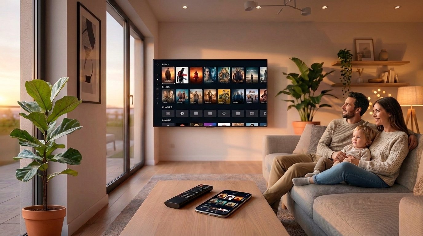 Famille profitant d'un abonnement iptv 12 mois confortablement installée dans son salon