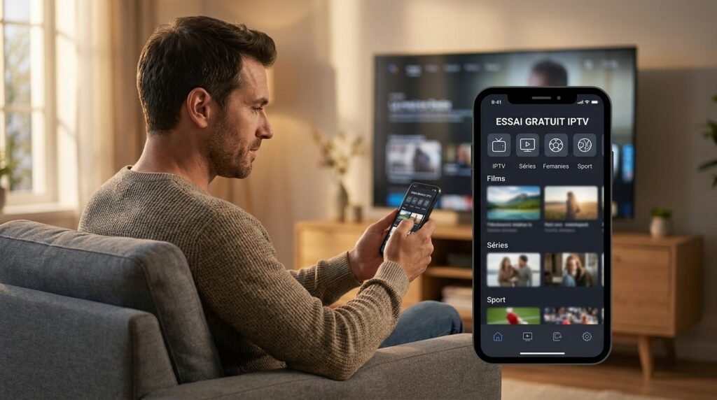 Utilisateur testant un essai gratuit sur smartphone avant de choisir un abonnement IPTV fiable