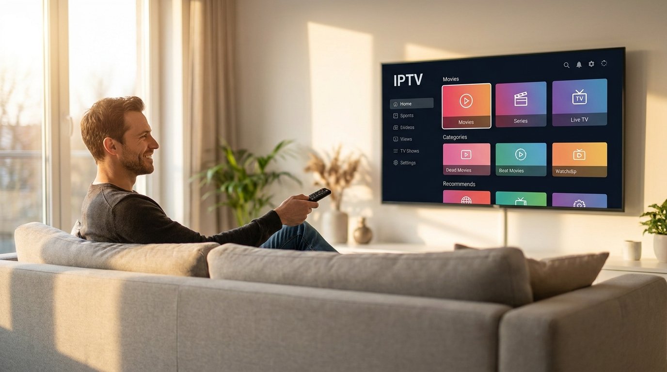 Homme satisfait devant sa télévision, illustrant le choix d'un iptv fournisseur fiable en 2026