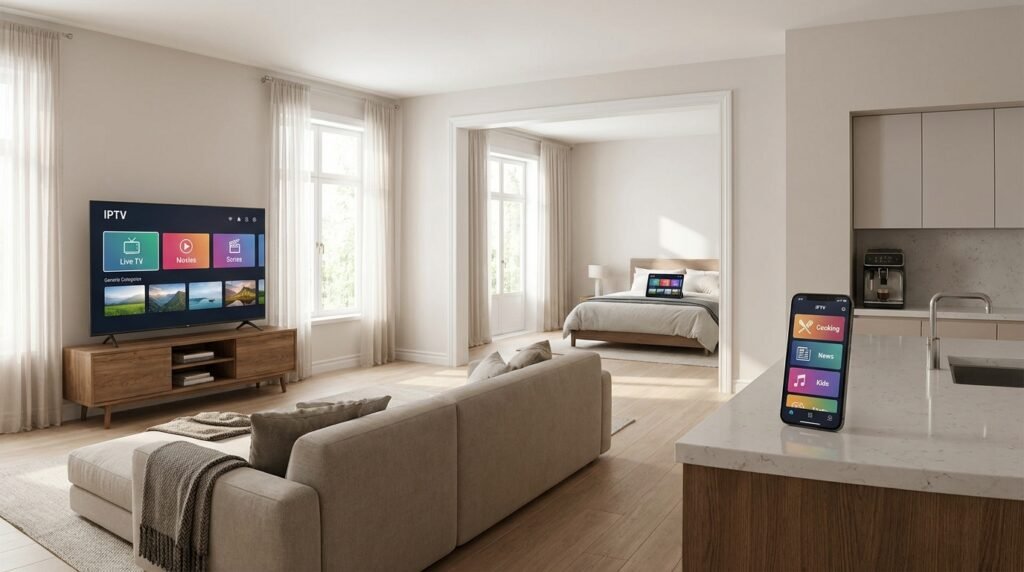 Foyer utilisant un abonnement IPTV multi-écrans dans plusieurs pièces de la maison en simultané