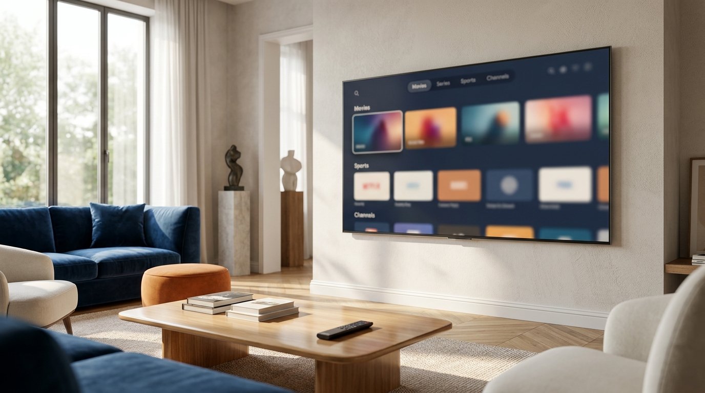 French IPTV en 2026 sur une télévision connectée avec une interface moderne