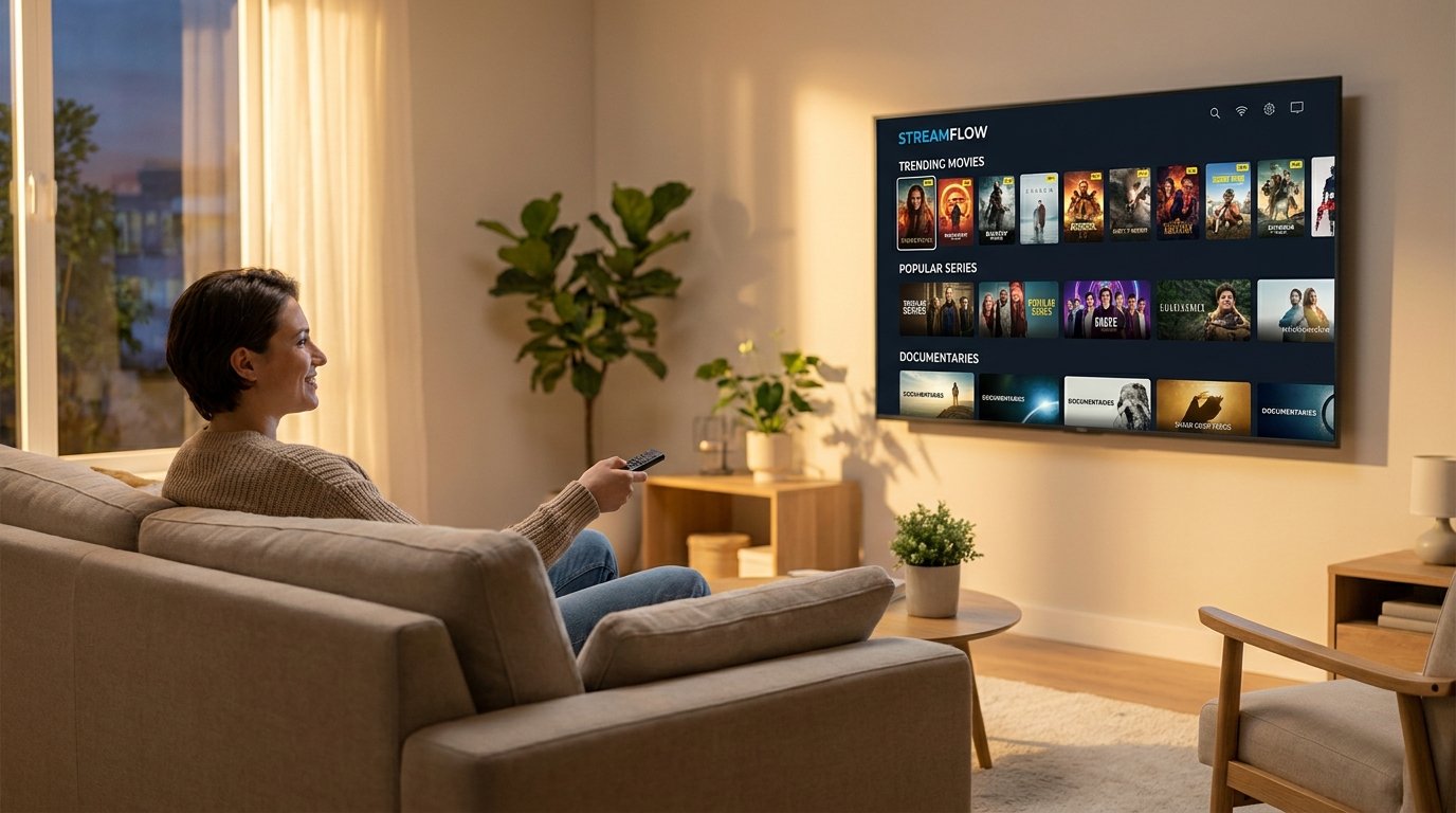 Personne testant chez elle le meilleur application IPTV sur une Smart TV moderne dans un salon lumineux