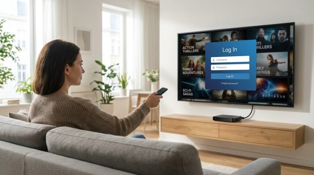 Personne qui suit les étapes pour configurer décodeur IPTV sur sa télévision avec une télécommande