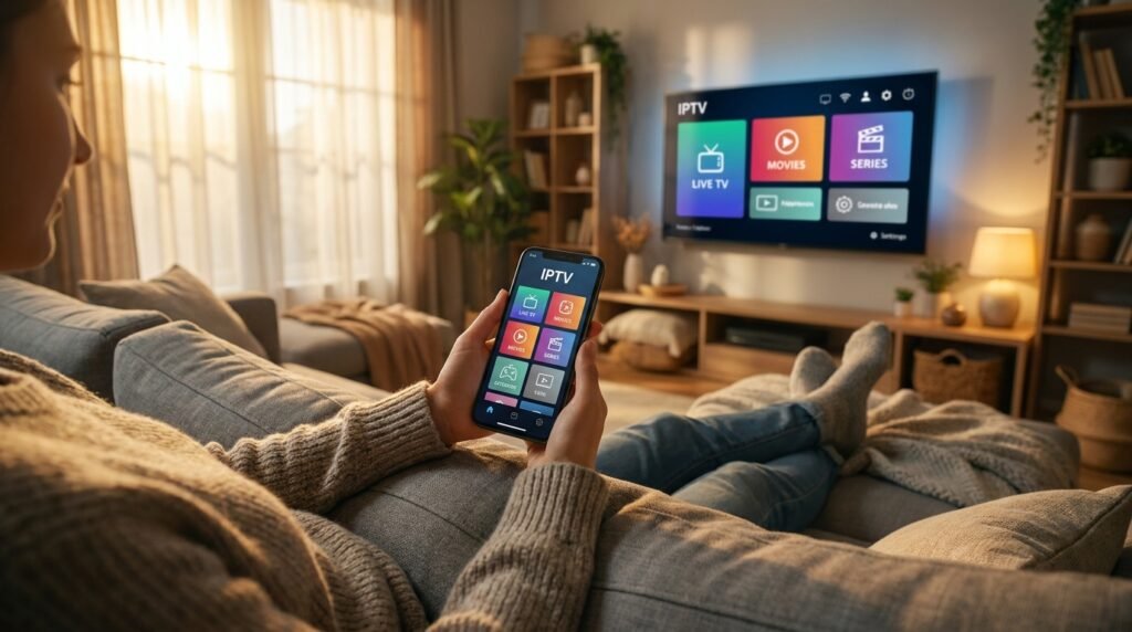 Personne utilisant une application Smart TV Android confortablement installée dans son salon en soirée