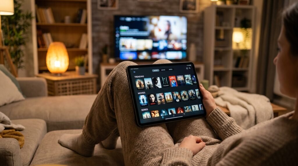Utilisatrice profitant d'un essai gratuit sur une application IPTV premium avec VOD intégrée