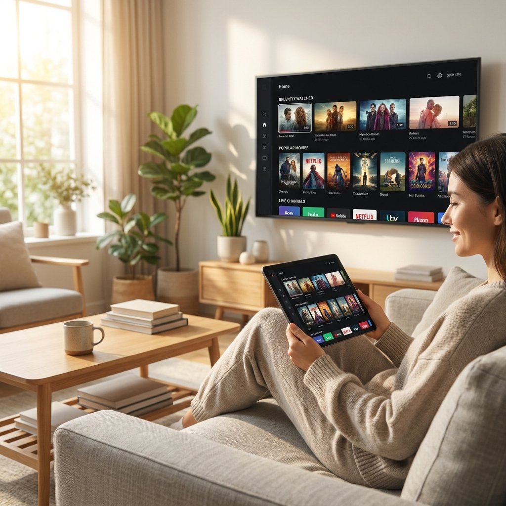 Personne comparant les options d'un abonnement IPTV France sur tablette et TV