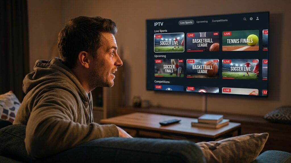 Passionné de sport suivant un match via un abonnement IPTV premium