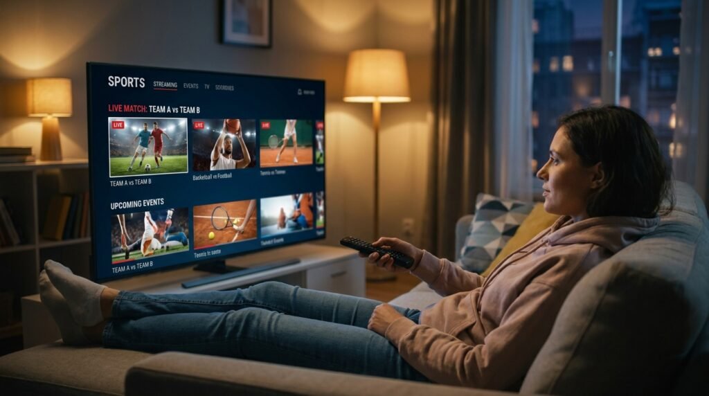 Personne testant la stabilité du flux pendant un essai IPTV gratuit en soirée sur sa télévision