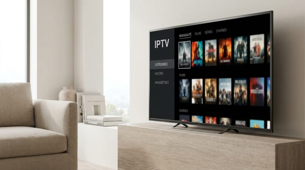 Interface application IPTV Smart TV affichée sur un téléviseur moderne