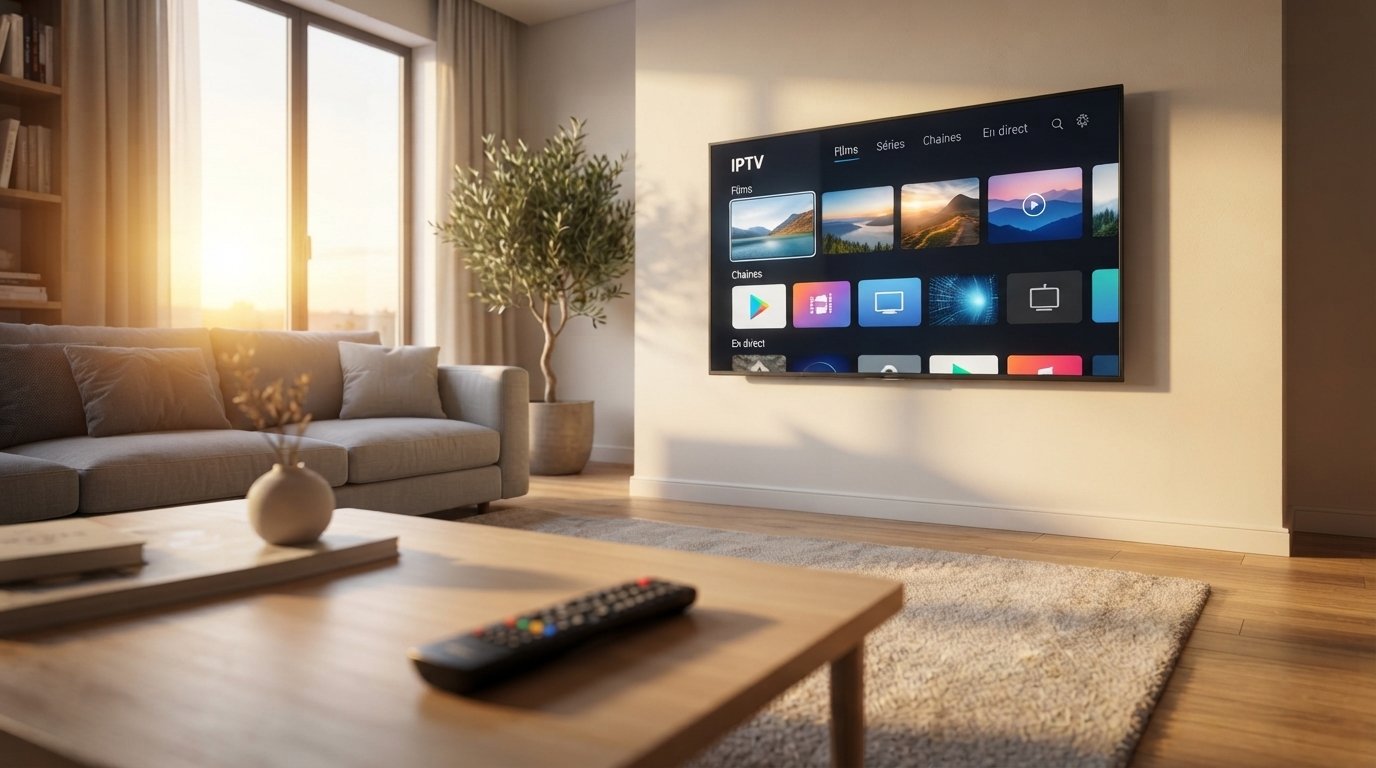 Salon moderne avec Smart TV affichant une interface IPTV en Smart TV