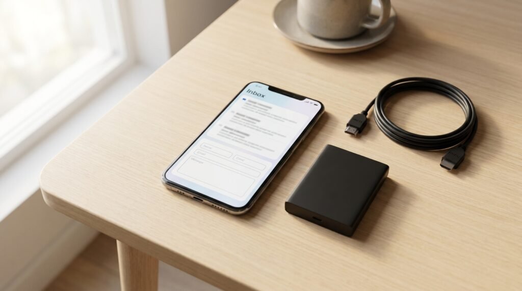 Smartphone affichant un e-mail d'identifiants IPTV posé à côté d'un décodeur avant l'installation IPTV