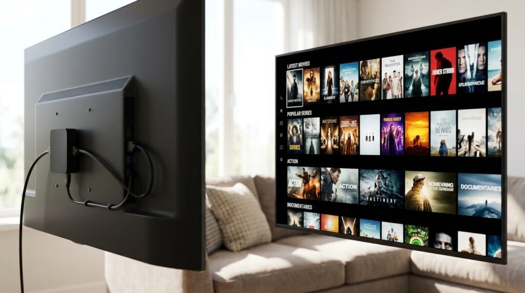 Boîtier Chromecast TV branché derrière une télévision affichant une interface de streaming IPTV