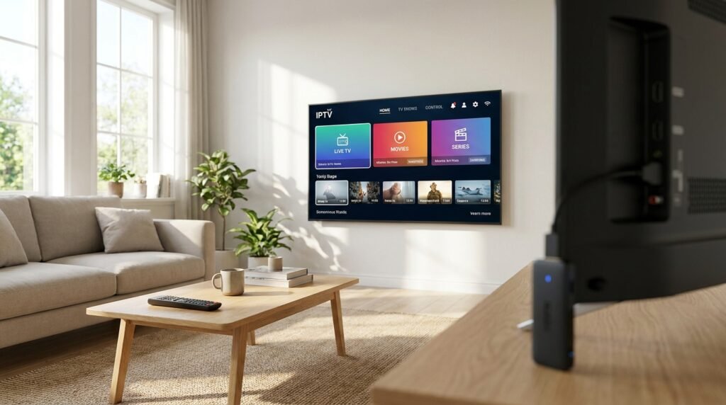 Clé IPTV Amazon Fire branchée sur une TV moderne dans un salon