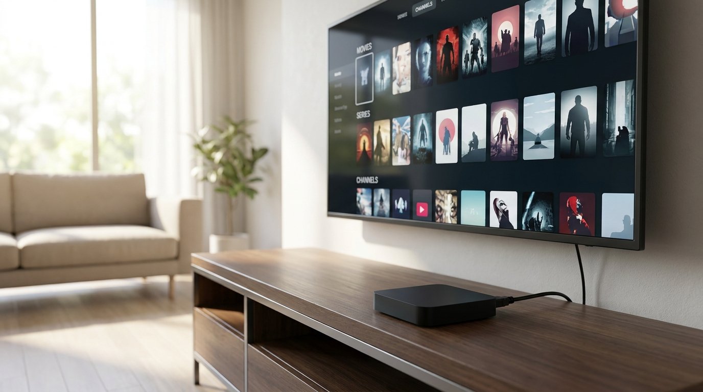 Boitier tv compact connecté à une télévision affichant une interface IPTV