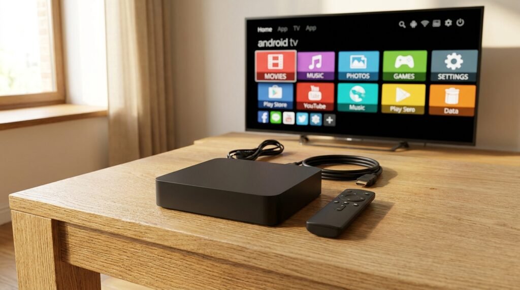 Boîtier TV IPTV avec interface Android TV sur grand écran