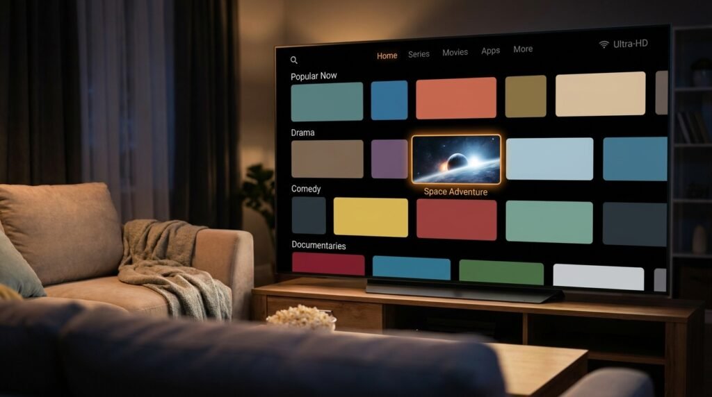 Application IPTV Chromecast affichant une interface de navigation par catégories sur grand écran