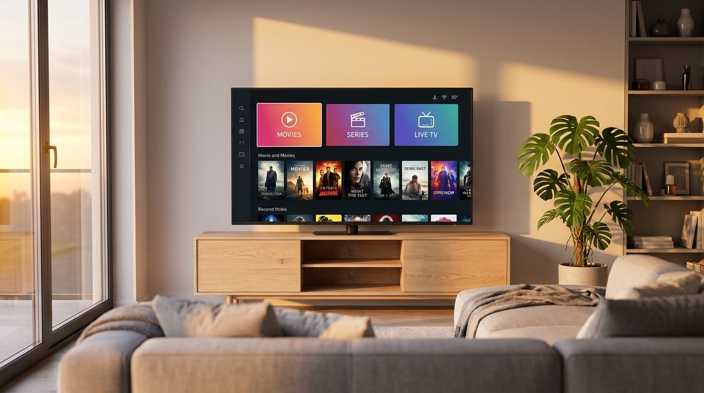 Télé 50 pouces dans un salon moderne affichant une interface IPTV