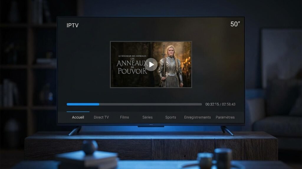TV 50 pouces 4K affichant un flux IPTV net et fluide