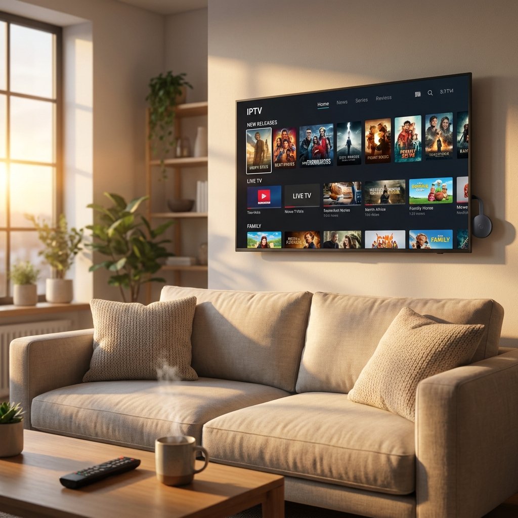 Salon moderne avec téléviseur diffusant l'IPTV via Chromecast TV