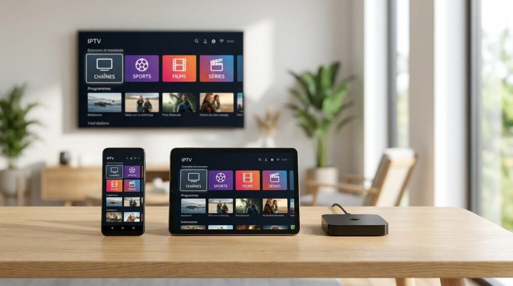 Comparaison d'une application IPTV Android sur smartphone, tablette et boîtier Android TV dans un intérieur moderne