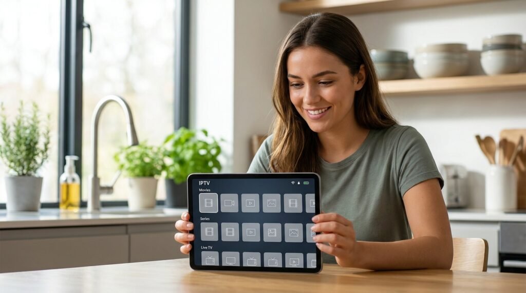 Utilisatrice consultant le catalogue d'un service IPTV sur tablette, transparence d'un fournisseur IPTV fiable