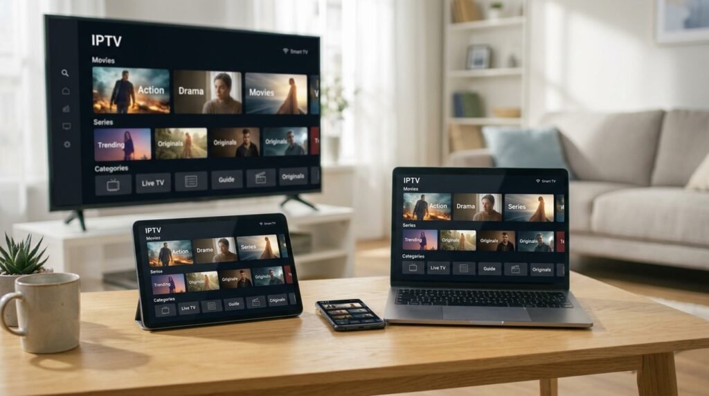 Même flux de télévision par Internet affiché sur Smart TV, tablette, smartphone et ordinateur grâce à la technologie IPTV