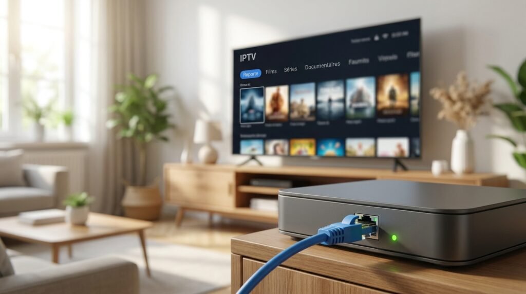 Câble Ethernet branché sur une box pour un débit Internet 4K stable en streaming 4K
