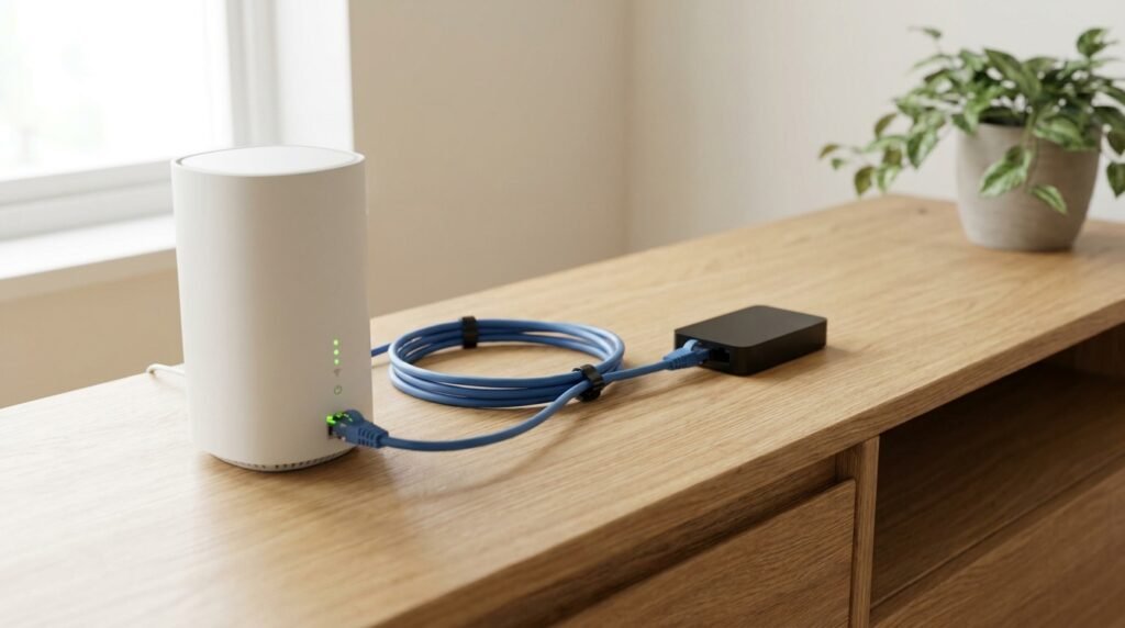 Routeur relié par câble Ethernet à un boîtier pour un débit Internet 4K stable