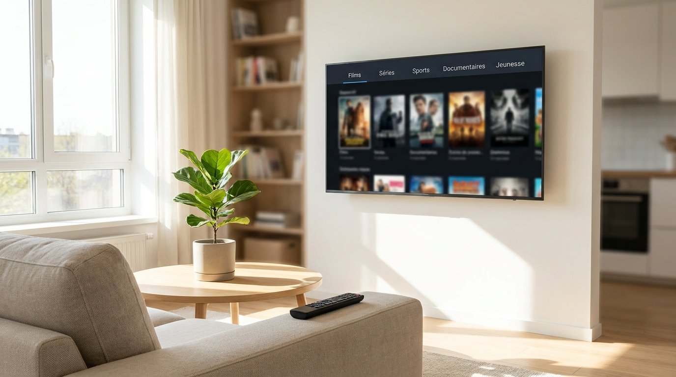 Salon lumineux avec une cle iptv branchée sur une télévision connectée affichant une interface de chaînes et de films