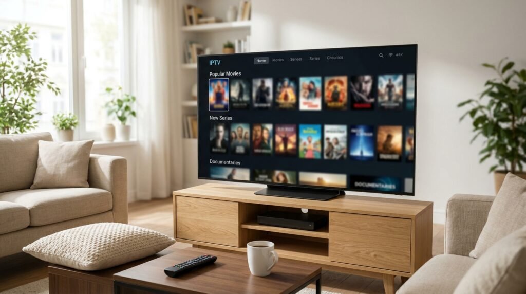Smart TV 4K affichant une interface iptv 4k avec catégories de films et de séries
