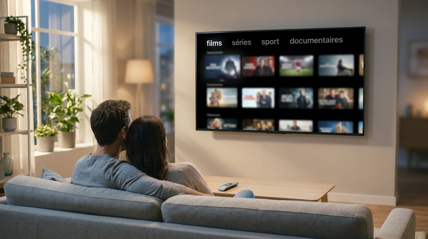 Salon moderne avec un téléviseur affichant une interface nette d'iptv with 4k